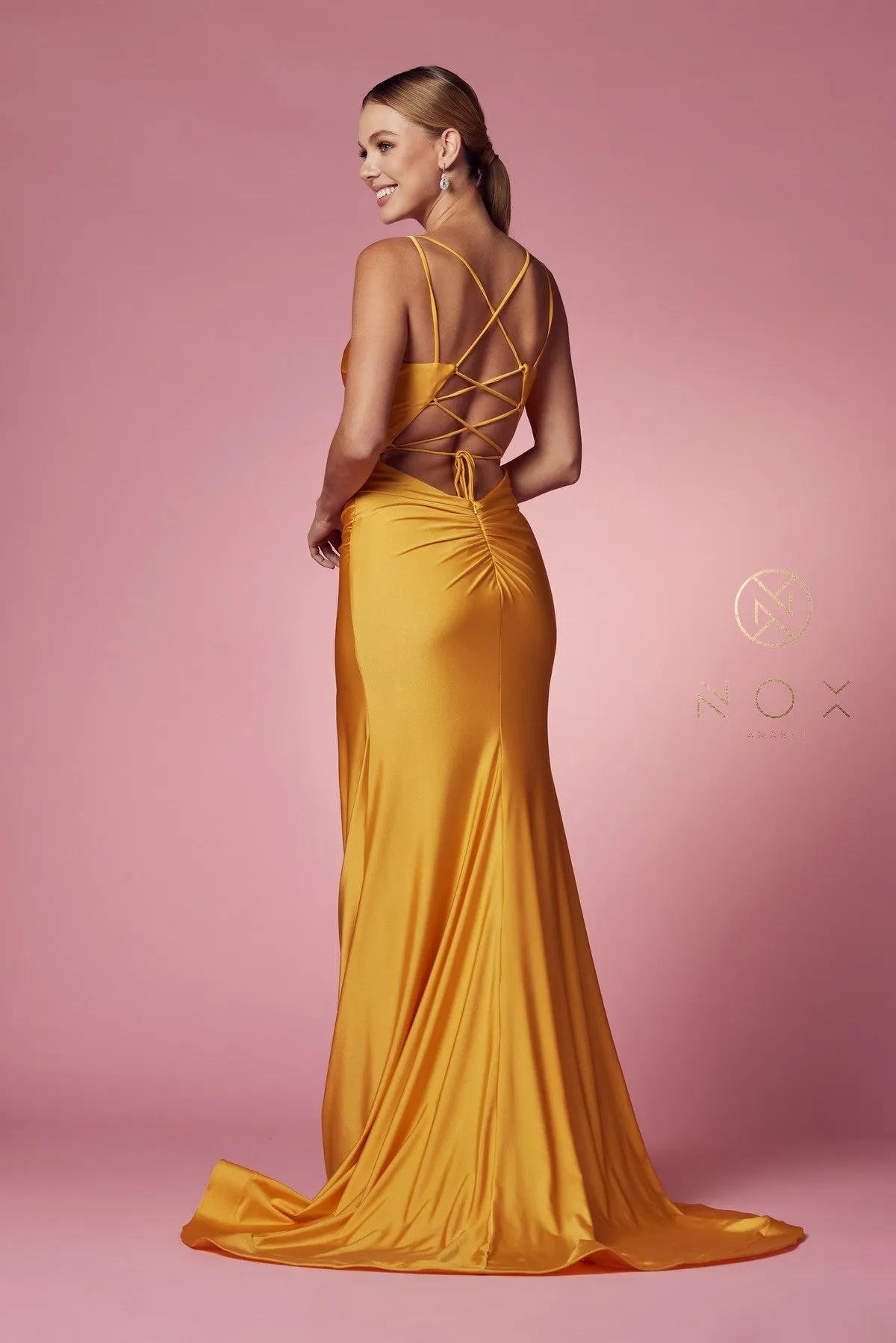 Nox Anabel T481 Size 8 Long Fitted Jersey Prom Dress Backless Corset Slit Formal Gown Train