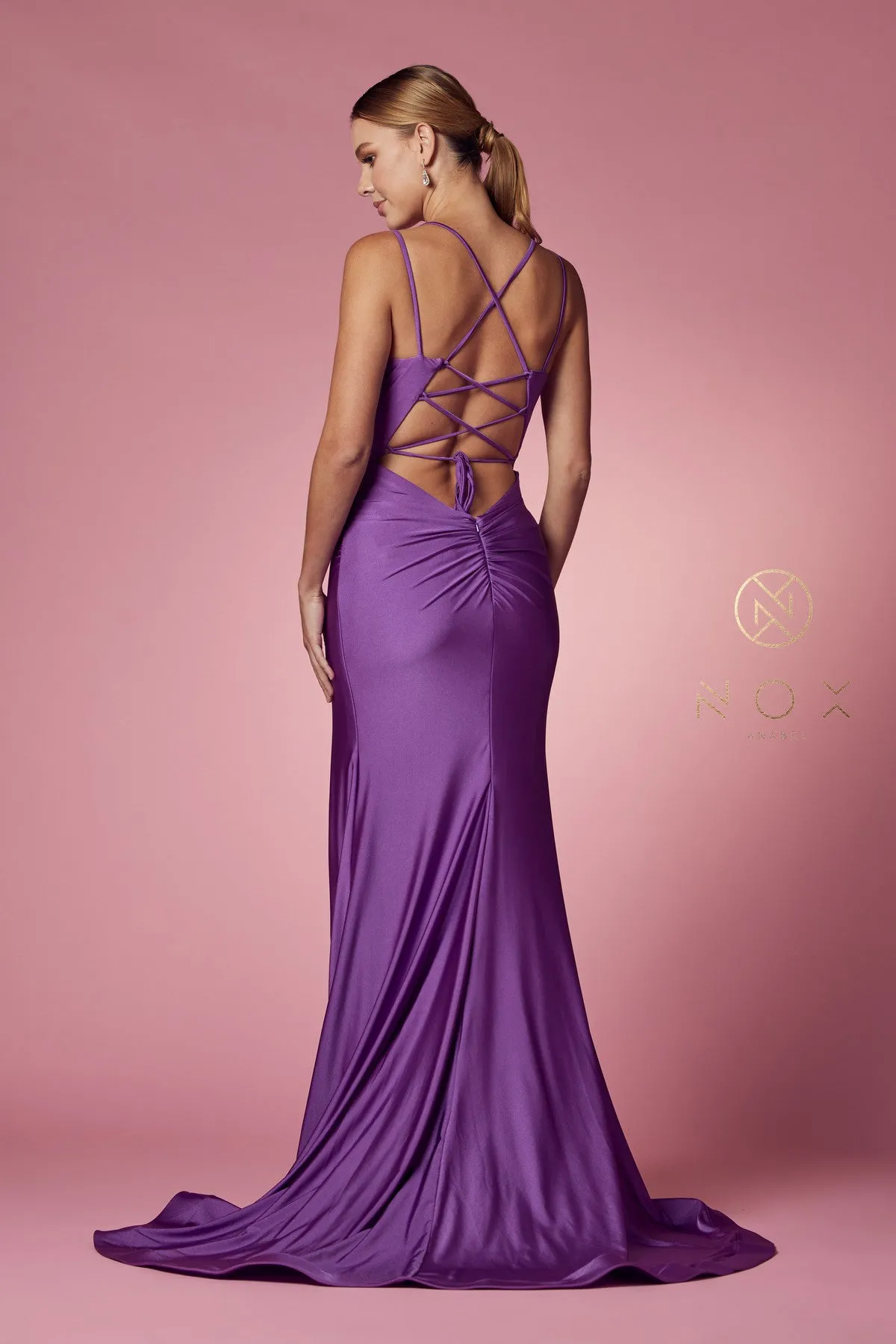 Nox Anabel T481 Size 8 Long Fitted Jersey Prom Dress Backless Corset Slit Formal Gown Train