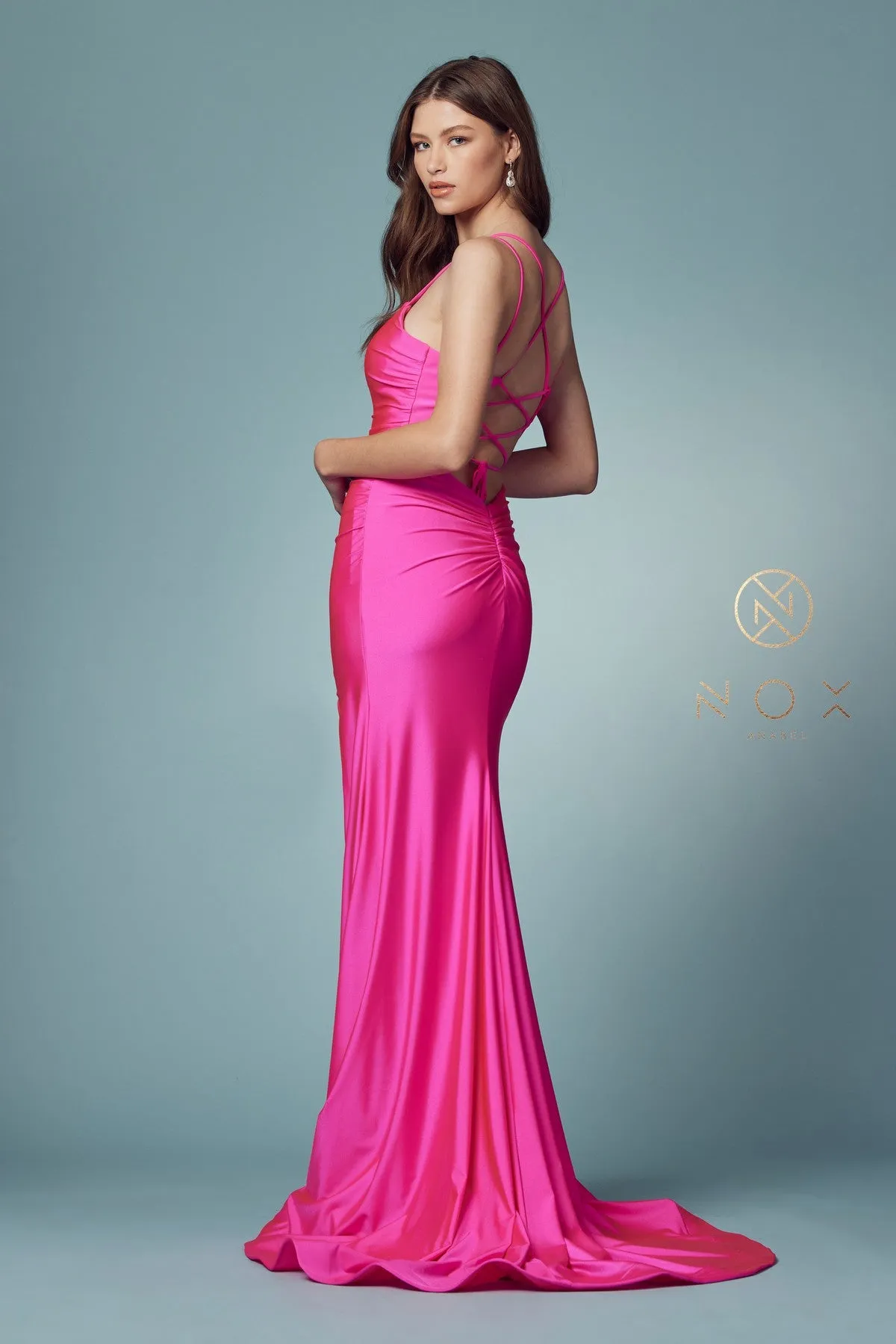 Nox Anabel T481 Size 8 Long Fitted Jersey Prom Dress Backless Corset Slit Formal Gown Train