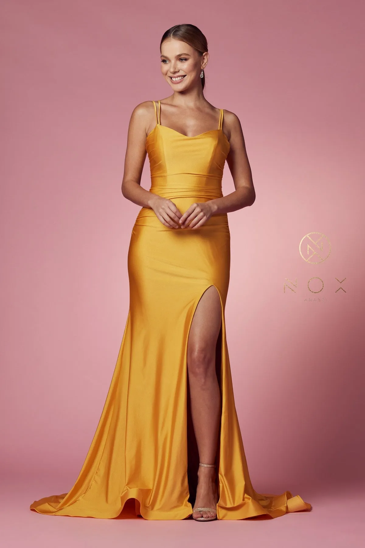 Nox Anabel T481 Size 8 Long Fitted Jersey Prom Dress Backless Corset Slit Formal Gown Train