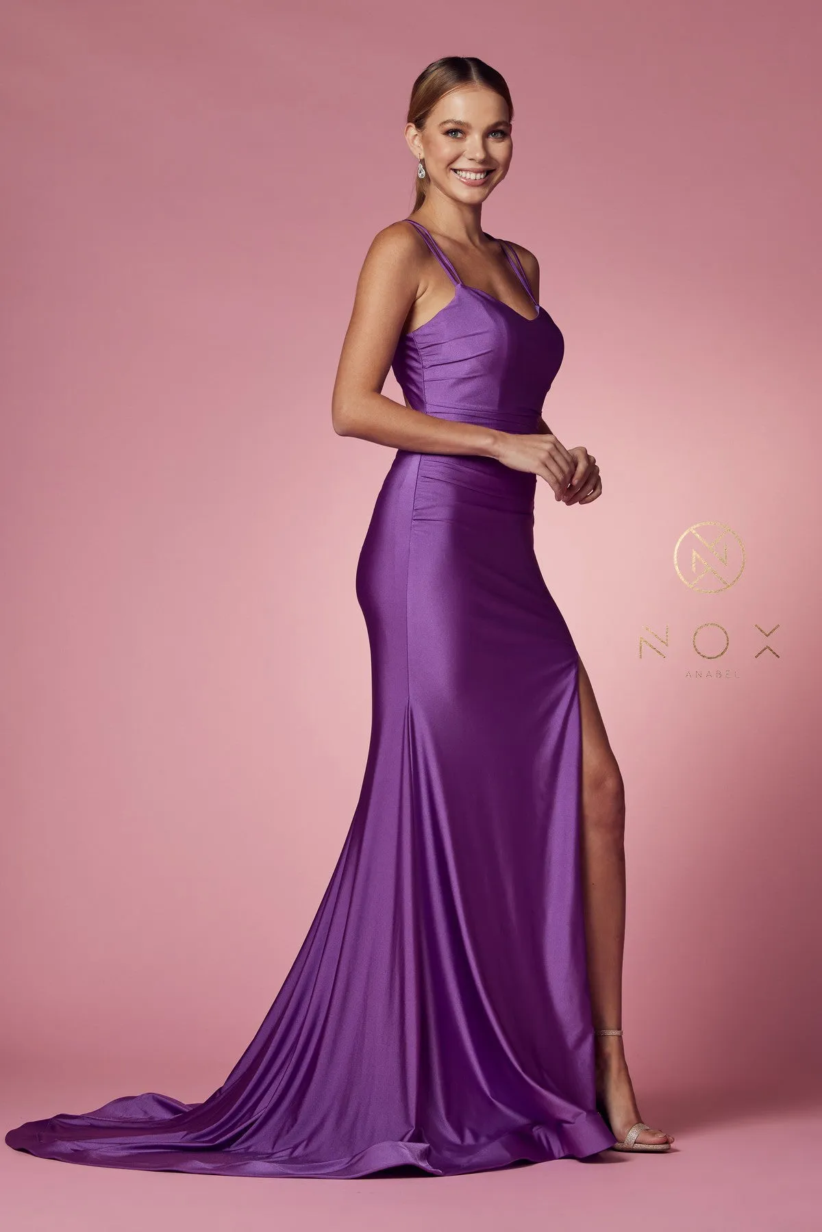 Nox Anabel T481 Size 8 Long Fitted Jersey Prom Dress Backless Corset Slit Formal Gown Train