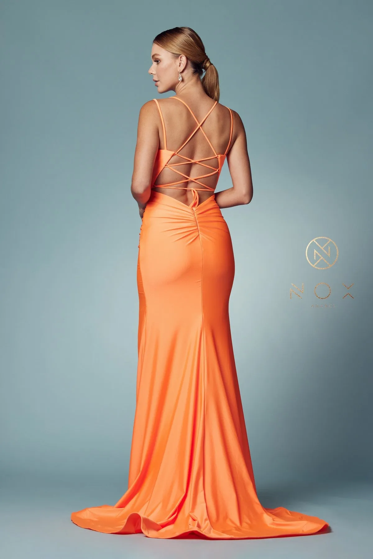 Nox Anabel T481 Size 8 Long Fitted Jersey Prom Dress Backless Corset Slit Formal Gown Train