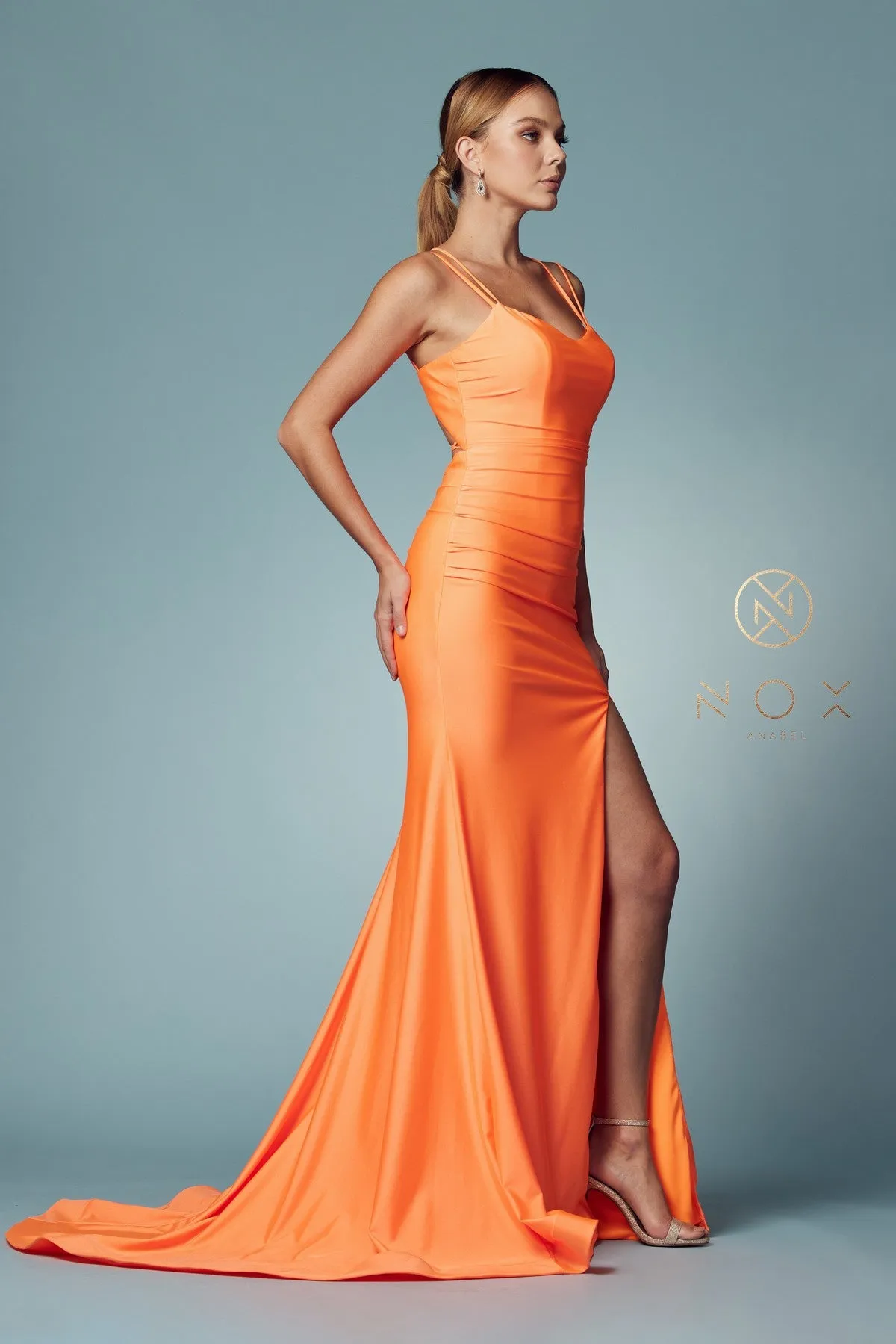 Nox Anabel T481 Size 8 Long Fitted Jersey Prom Dress Backless Corset Slit Formal Gown Train