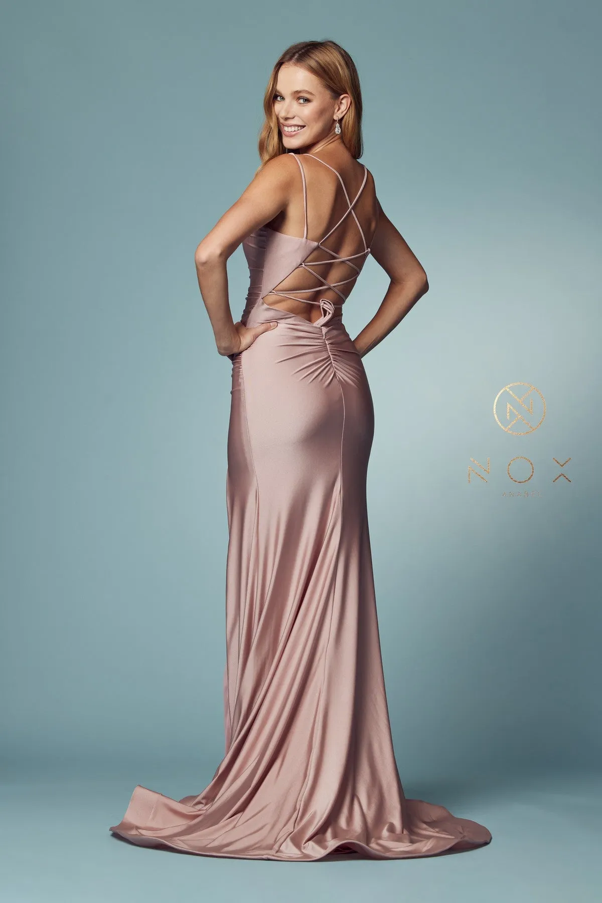 Nox Anabel T481 Size 8 Long Fitted Jersey Prom Dress Backless Corset Slit Formal Gown Train