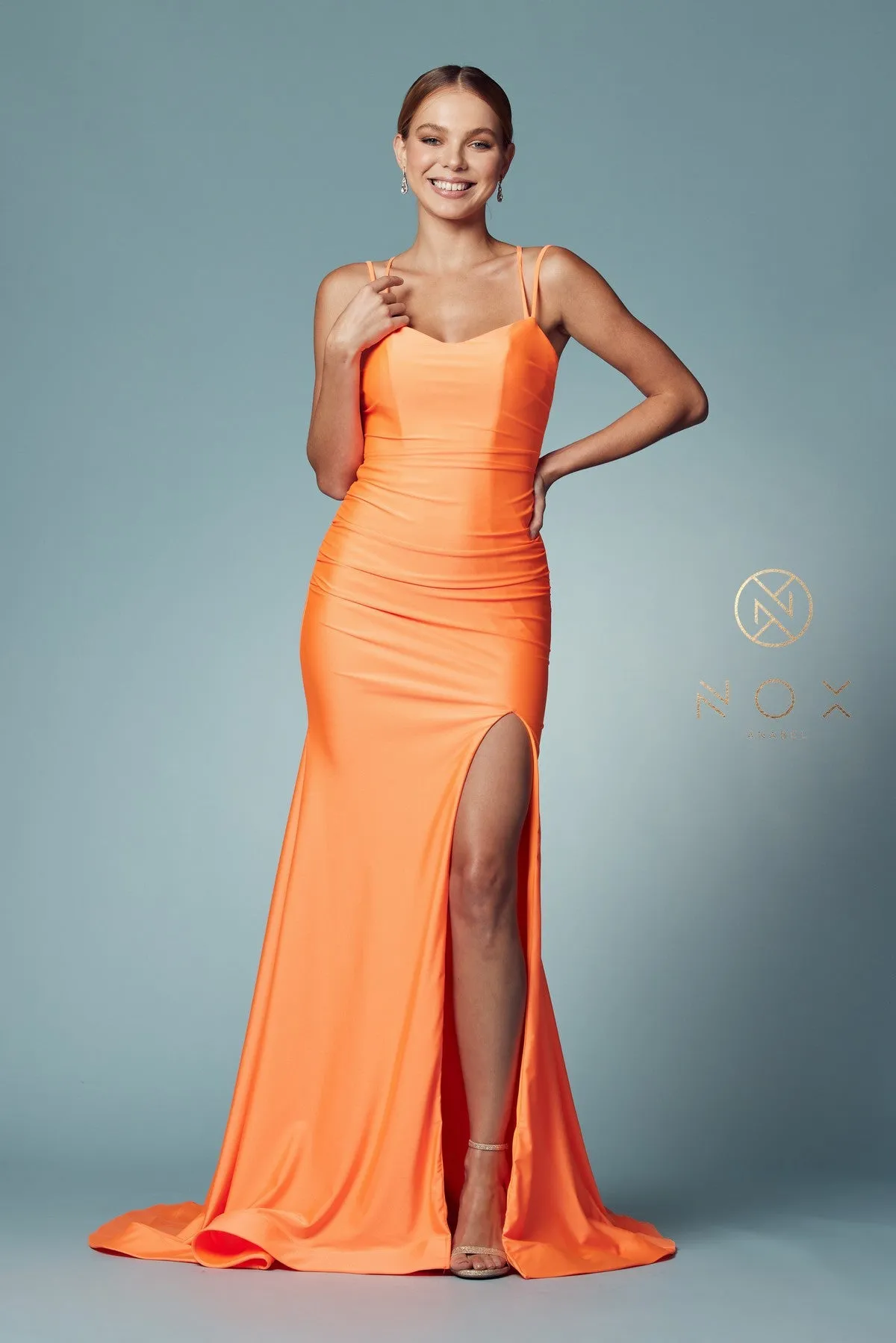Nox Anabel T481 Size 8 Long Fitted Jersey Prom Dress Backless Corset Slit Formal Gown Train