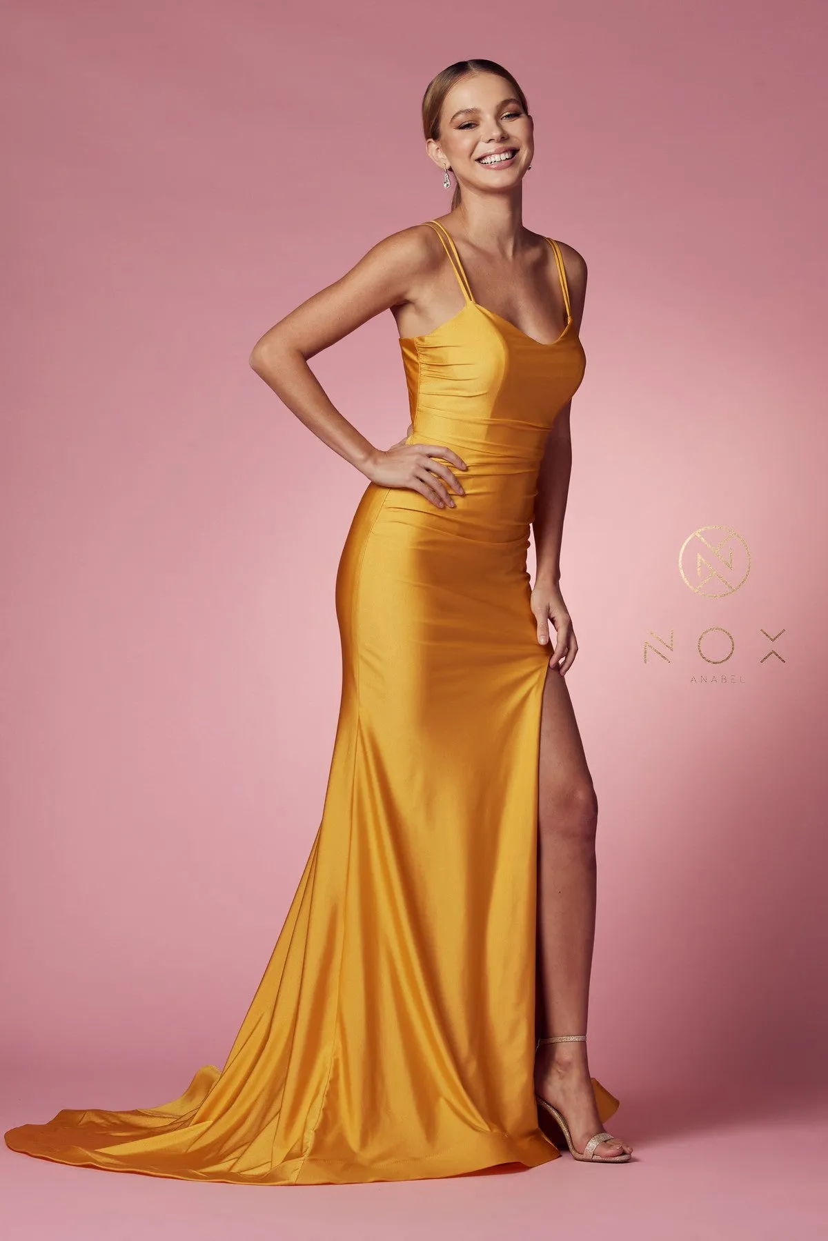 Nox Anabel T481 Size 8 Long Fitted Jersey Prom Dress Backless Corset Slit Formal Gown Train