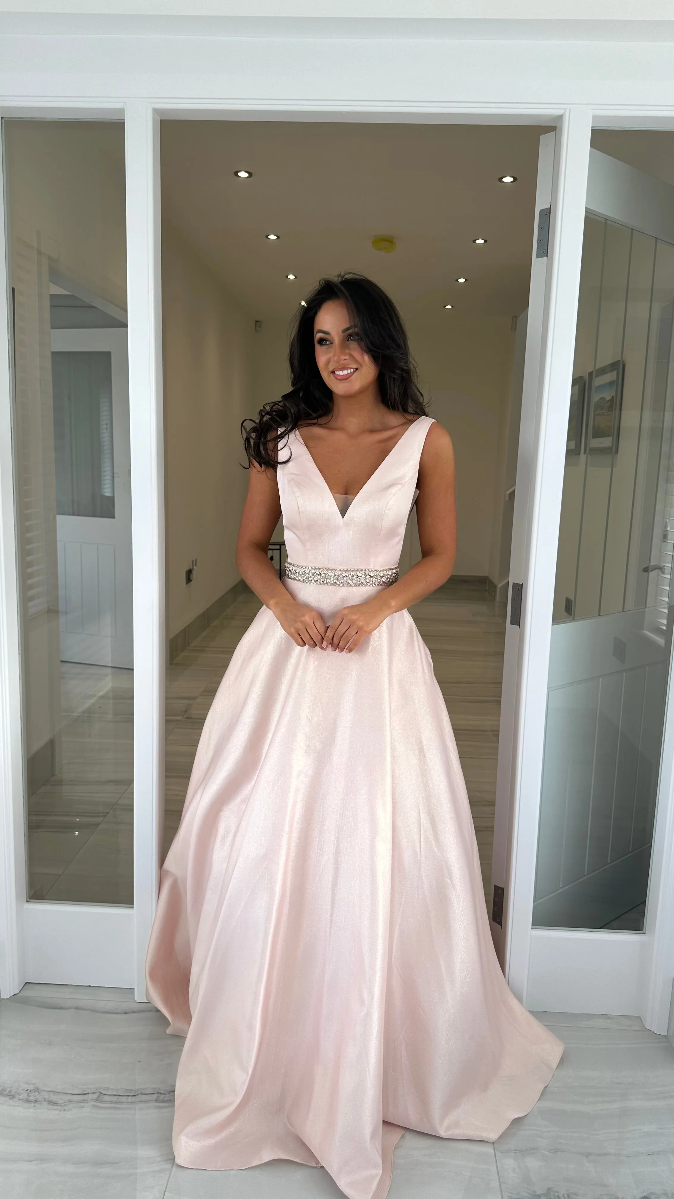 Pale Pink V-Neck Ball Gown