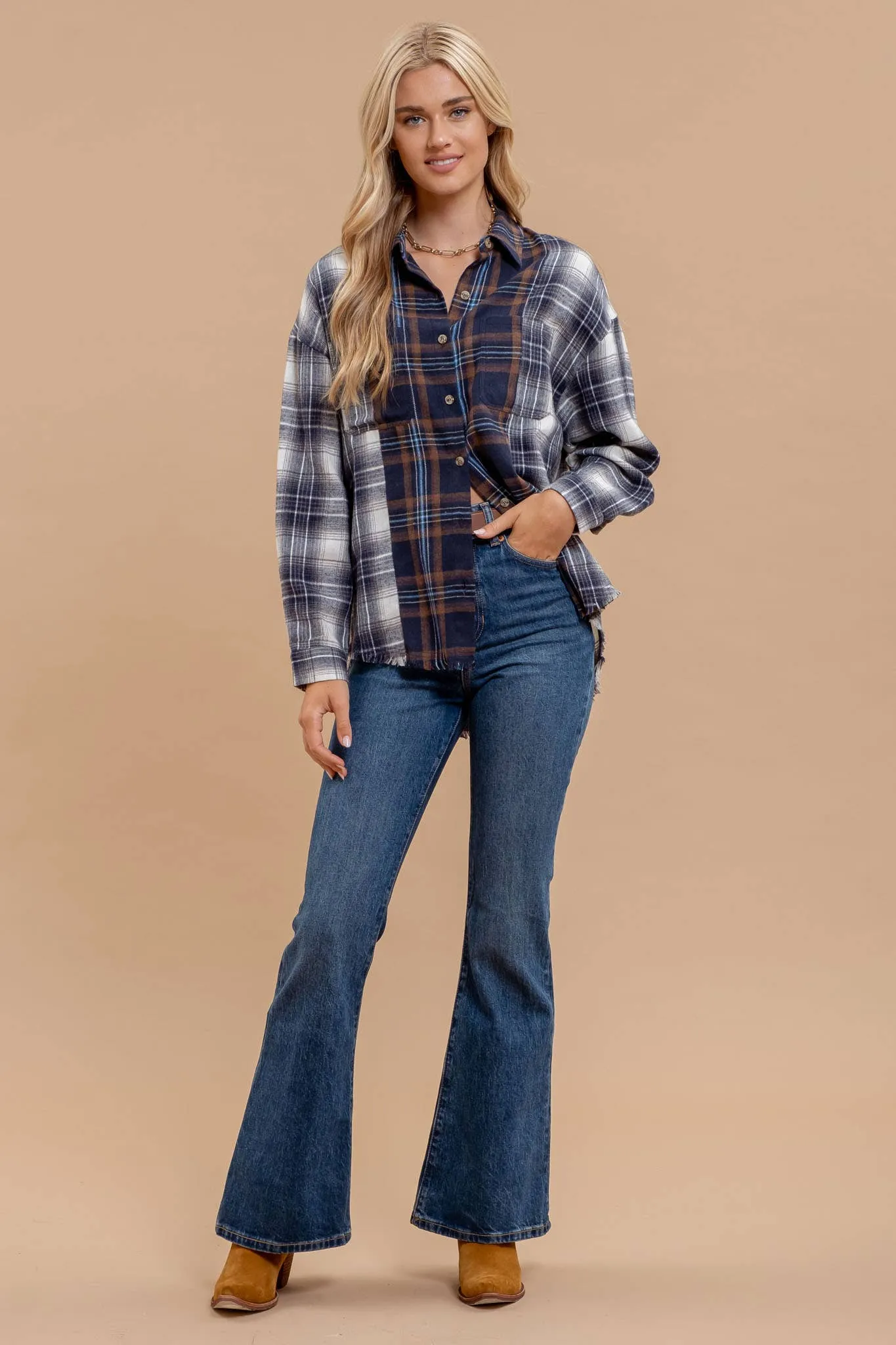 PLAID PATCHWORK BUTTON DOWN LONG SLEEVE SHIRT: NAVY MULTI