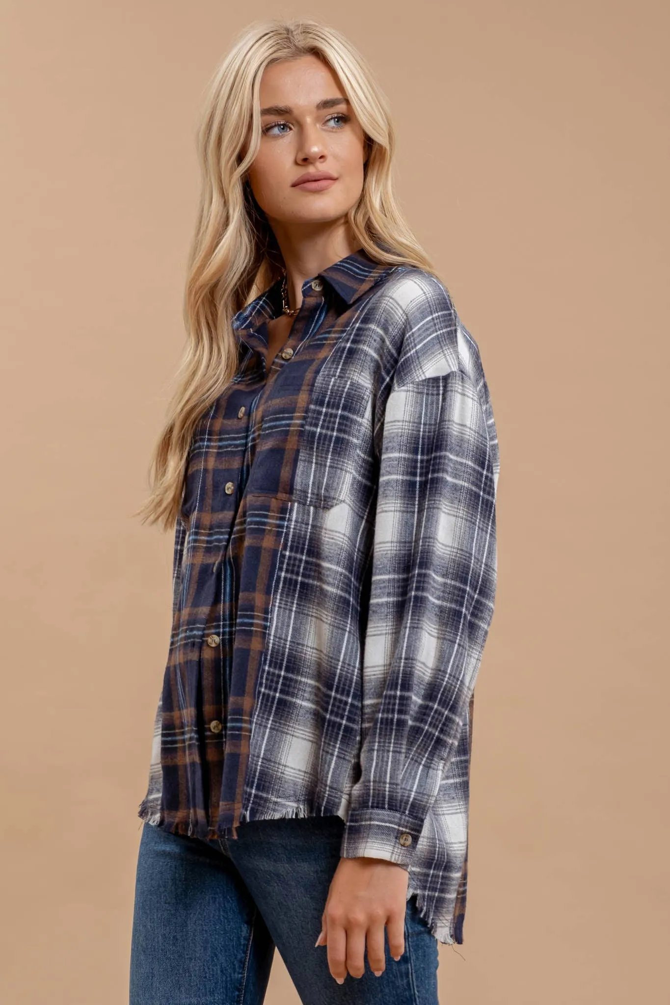 PLAID PATCHWORK BUTTON DOWN LONG SLEEVE SHIRT: NAVY MULTI