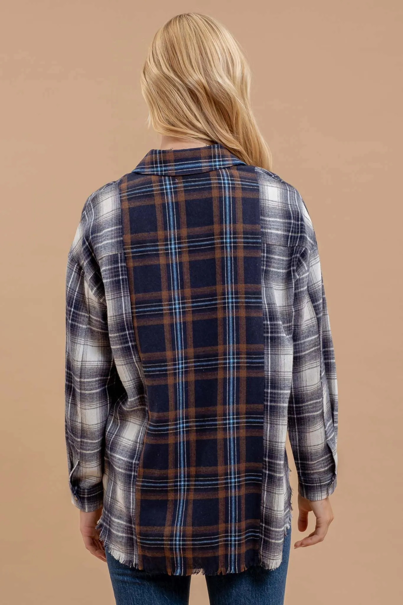 PLAID PATCHWORK BUTTON DOWN LONG SLEEVE SHIRT: NAVY MULTI
