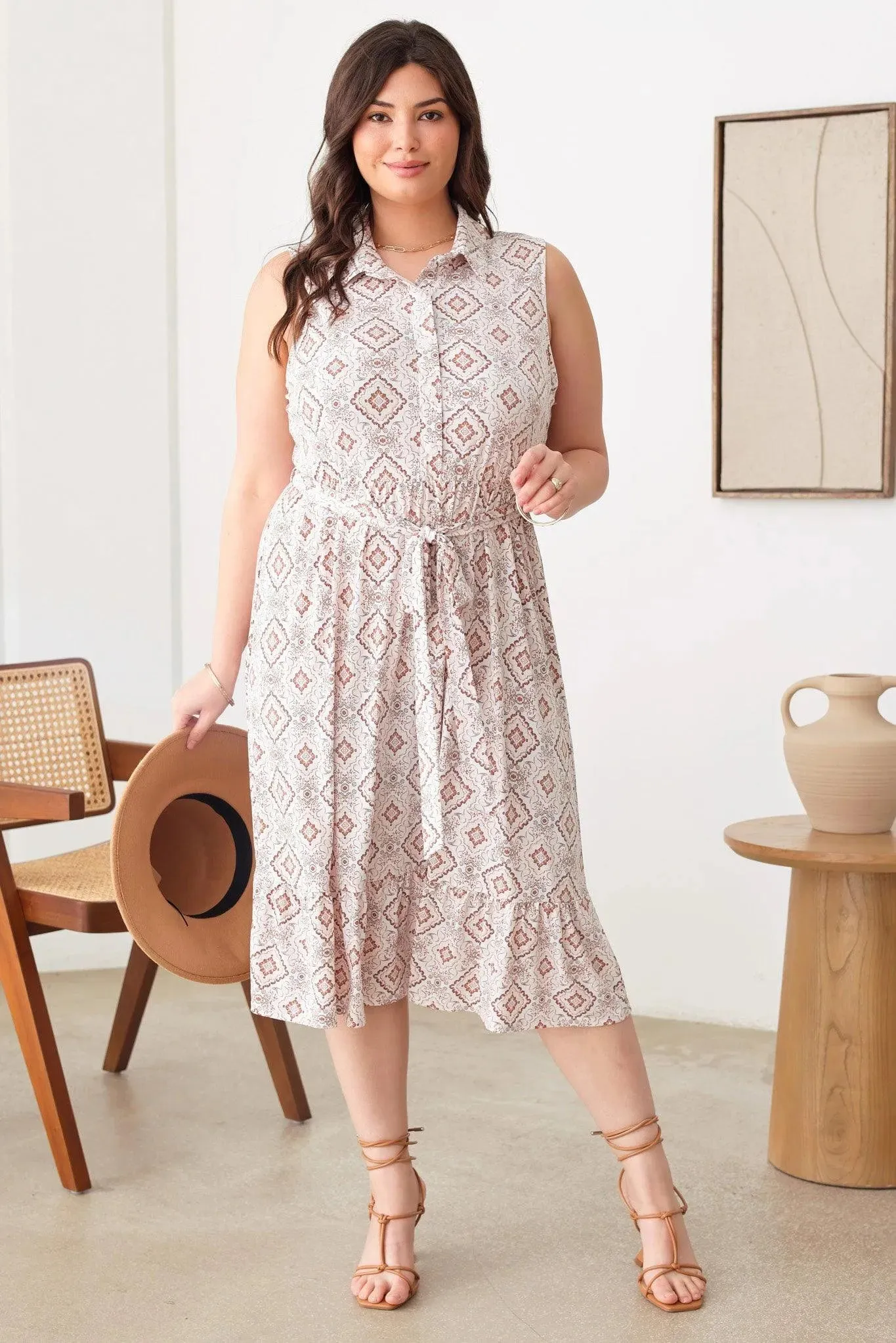 Plus Size Paisley Print Collar Neckline Buttoned Front Belt Midi Dresses