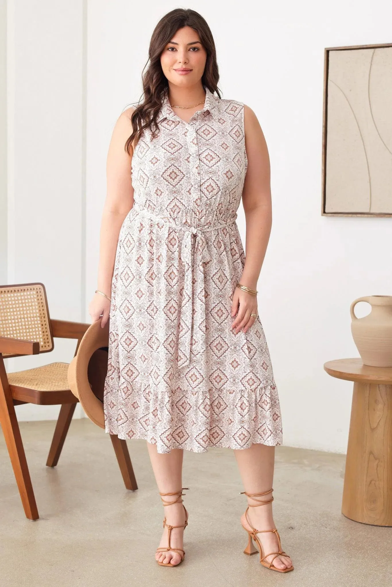 Plus Size Paisley Print Collar Neckline Buttoned Front Belt Midi Dresses