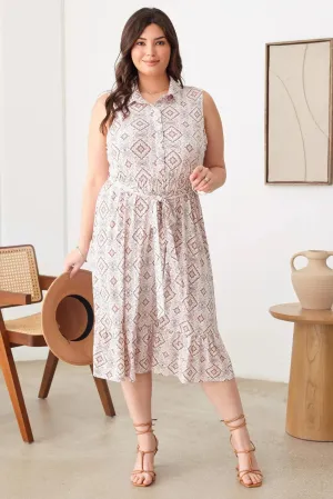 Plus Size Paisley Print Collar Neckline Buttoned Front Belt Midi Dresses