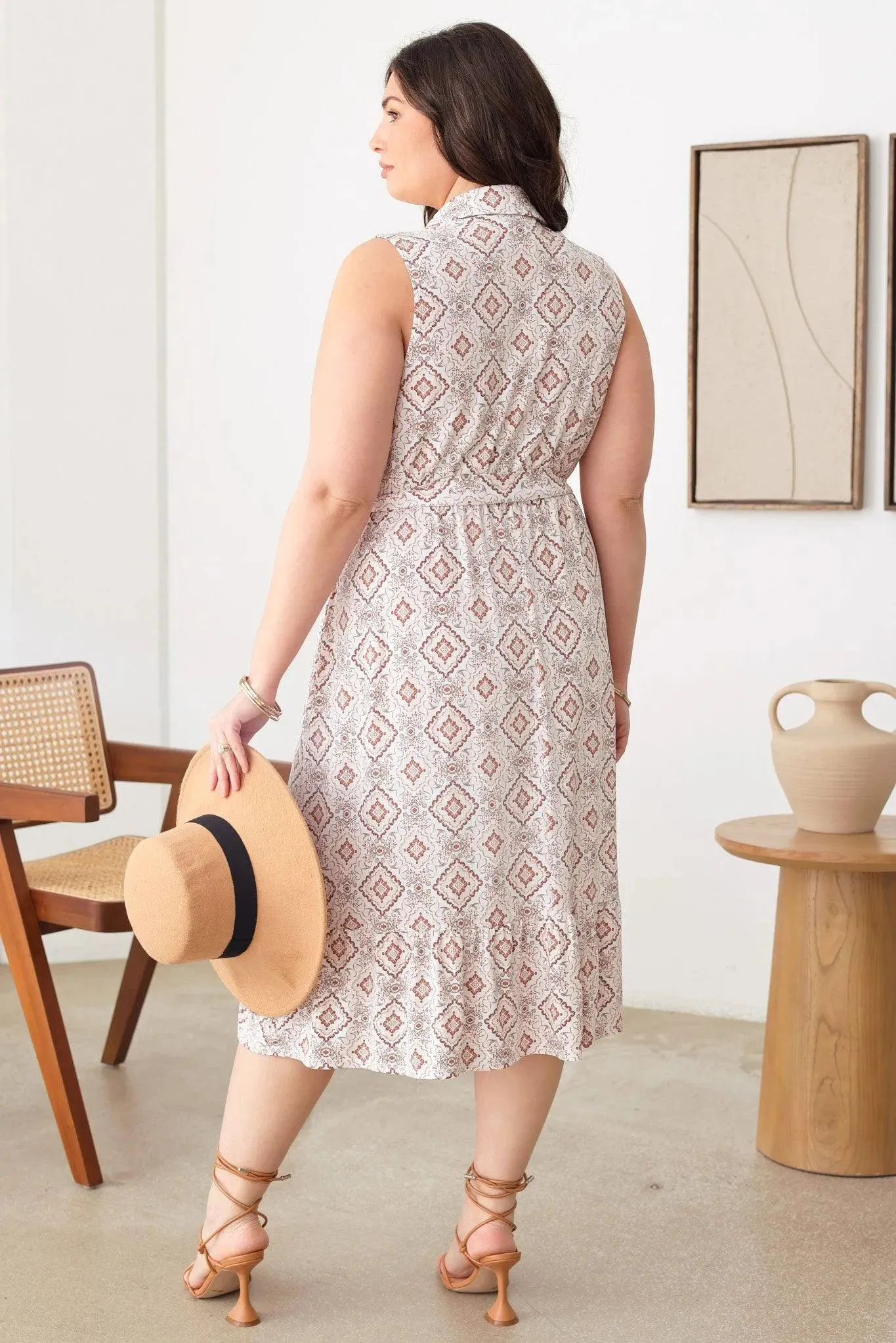 Plus Size Paisley Print Collar Neckline Buttoned Front Belt Midi Dresses