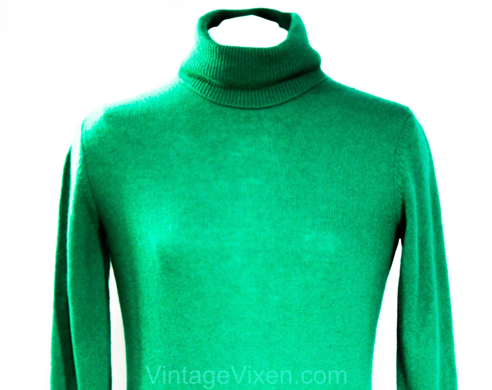 Size 10 Jade Green Cashmere Sweater - Luxurious Plush Knit Turtleneck Pullover from Italy - Spearmint Long Sleeve 80s Winter Top - Bust 33