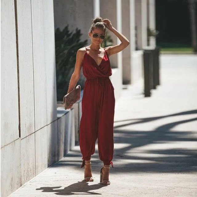Sleeveless V-Neck  Floral Print Wide Leg Long Pants Rompers Ladies Spaghetti Strap