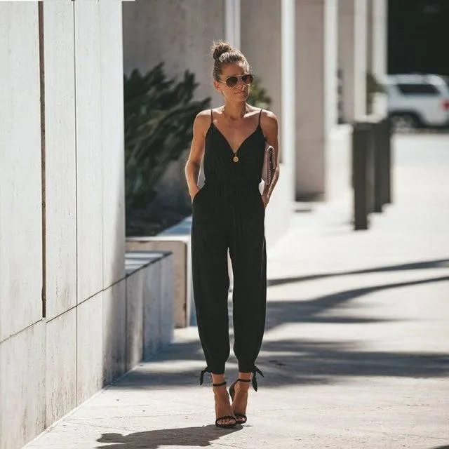 Sleeveless V-Neck  Floral Print Wide Leg Long Pants Rompers Ladies Spaghetti Strap