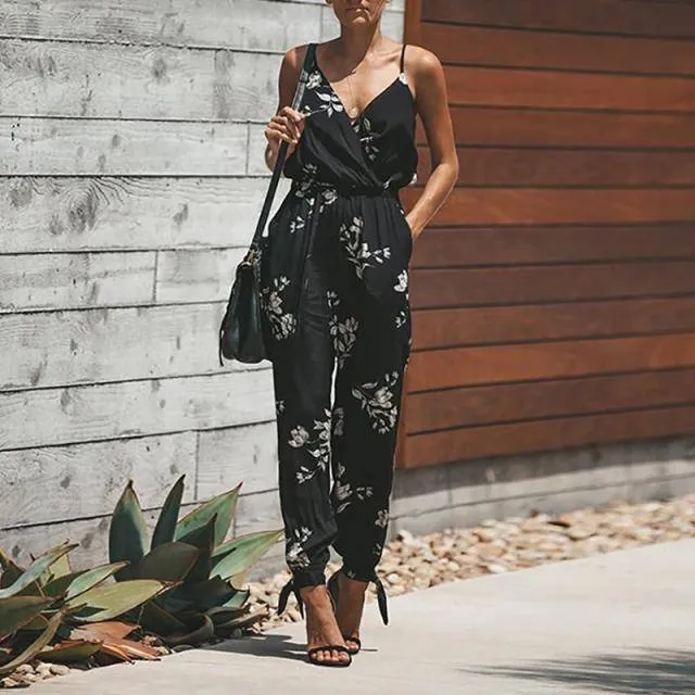 Sleeveless V-Neck  Floral Print Wide Leg Long Pants Rompers Ladies Spaghetti Strap