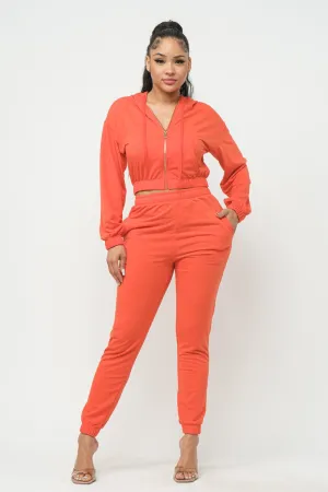 Tomato Red French Terry Cropped Zip-up Hoodie Jogger Set