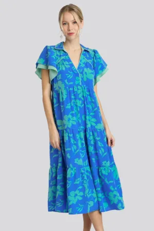Two Tone Floral Print Tiered Dress, Azure