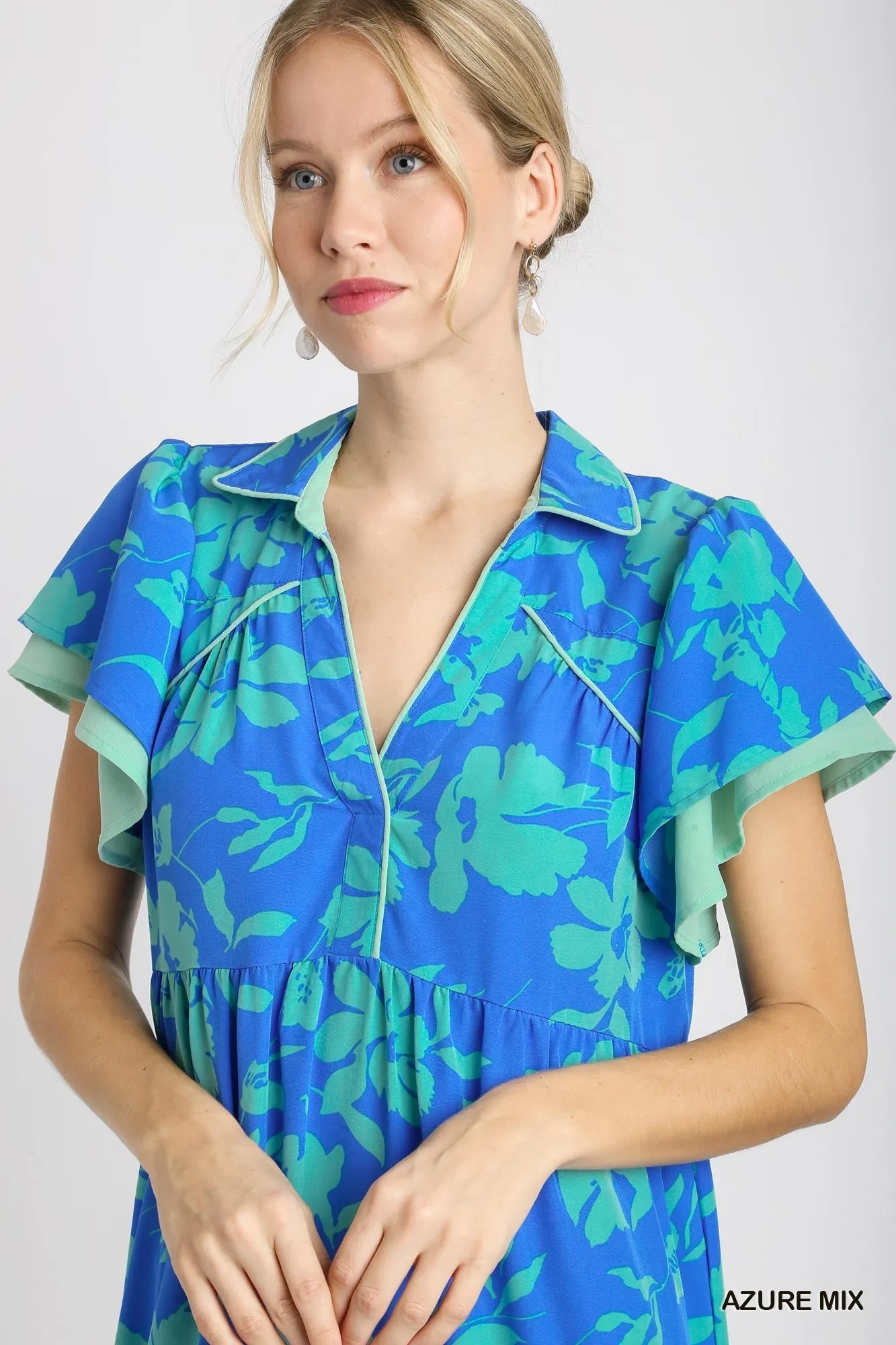 Two Tone Floral Print Tiered Dress, Azure