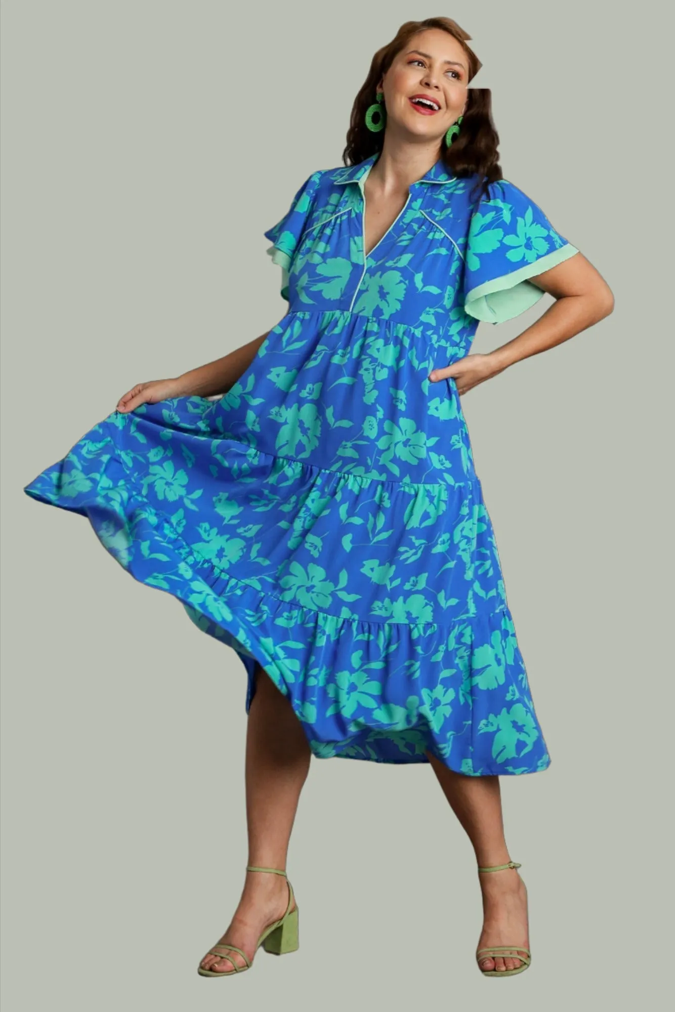 Two Tone Floral Print Tiered Dress, Azure