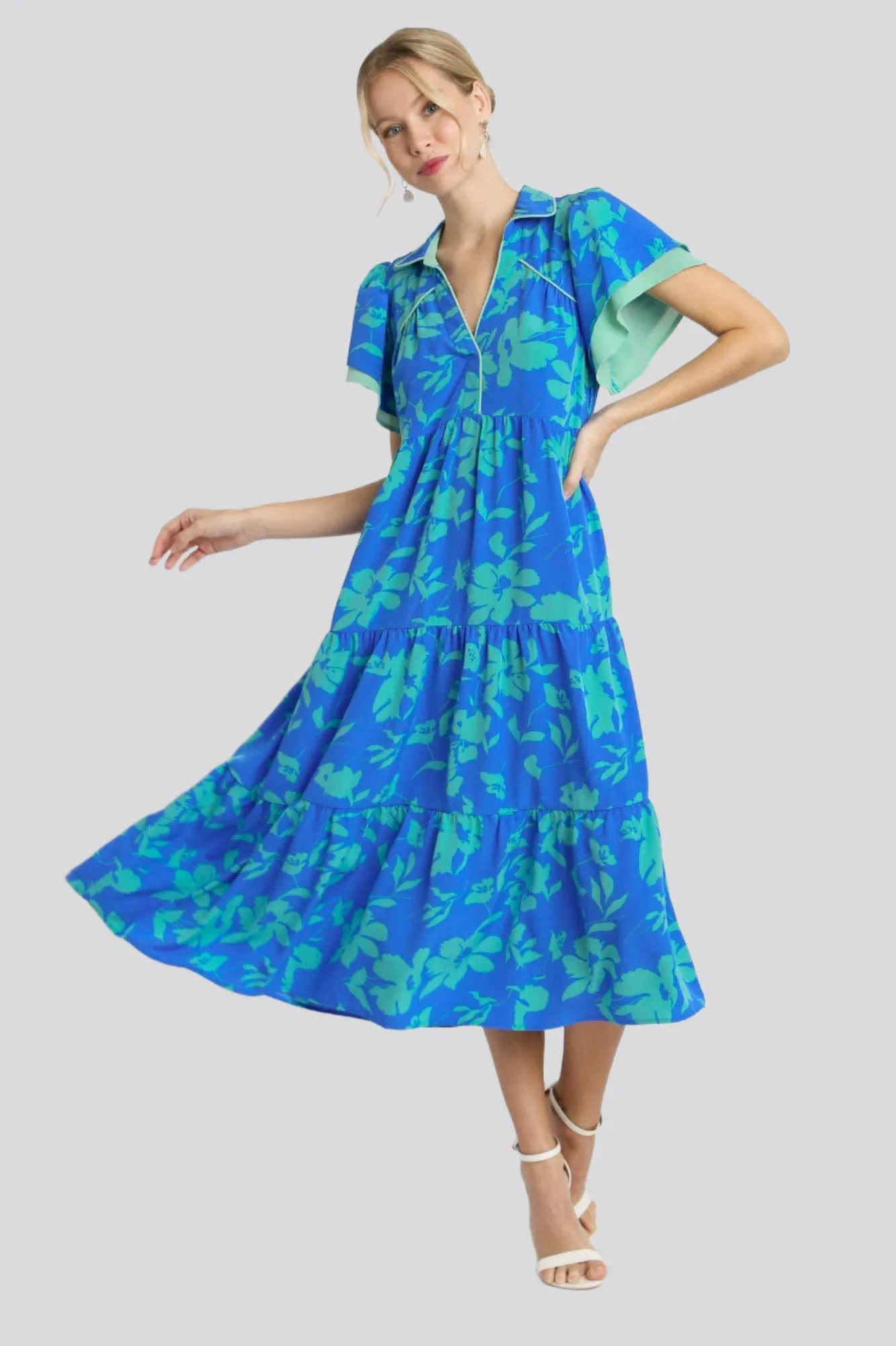 Two Tone Floral Print Tiered Dress, Azure