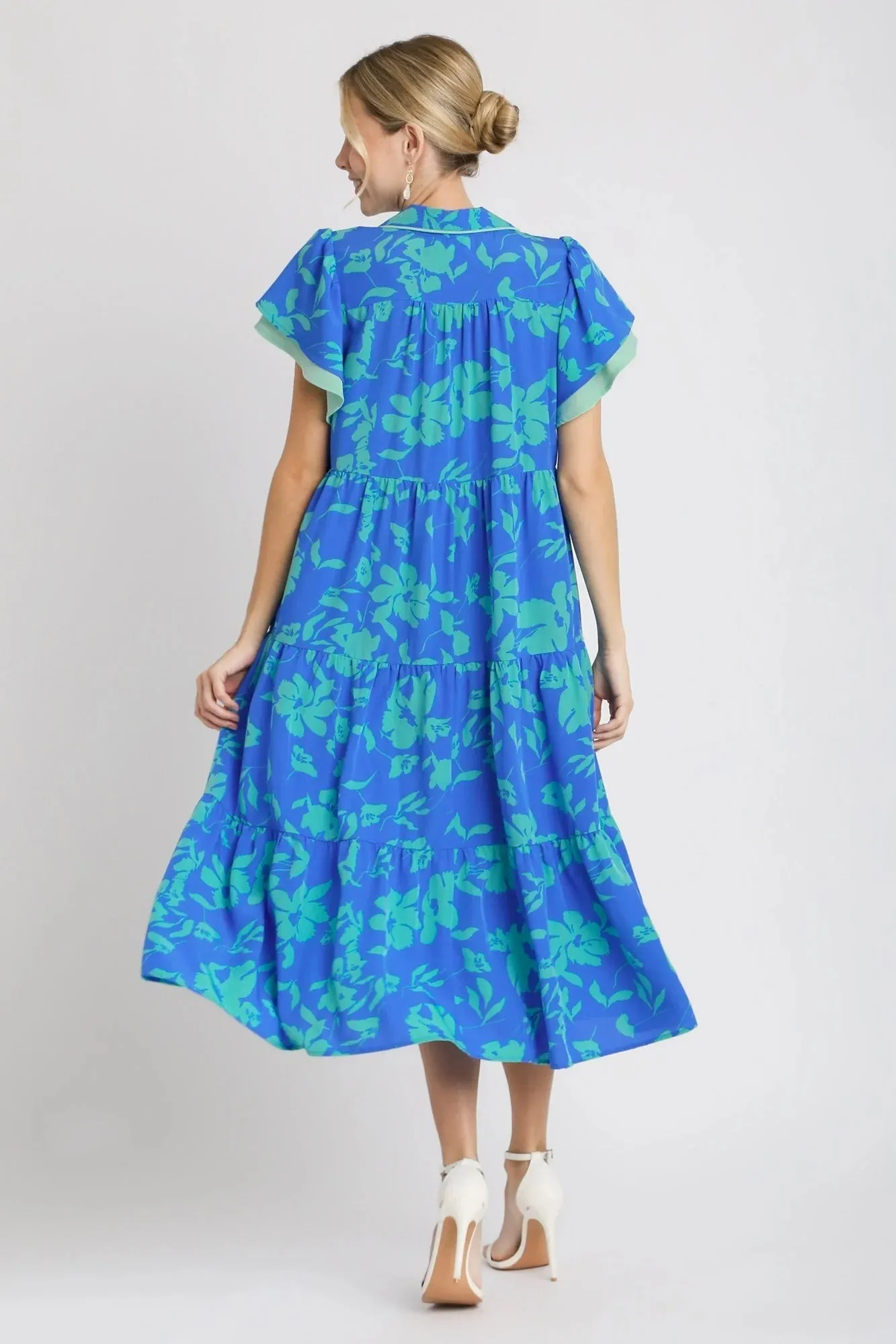 Two Tone Floral Print Tiered Dress, Azure