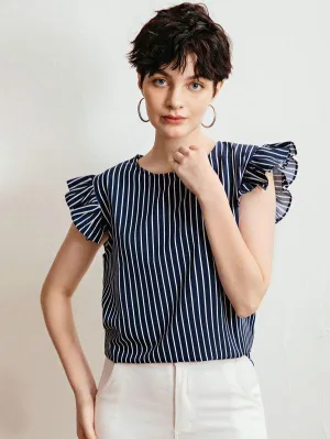 Vertical Striped Ruffle Sleeve Blouse