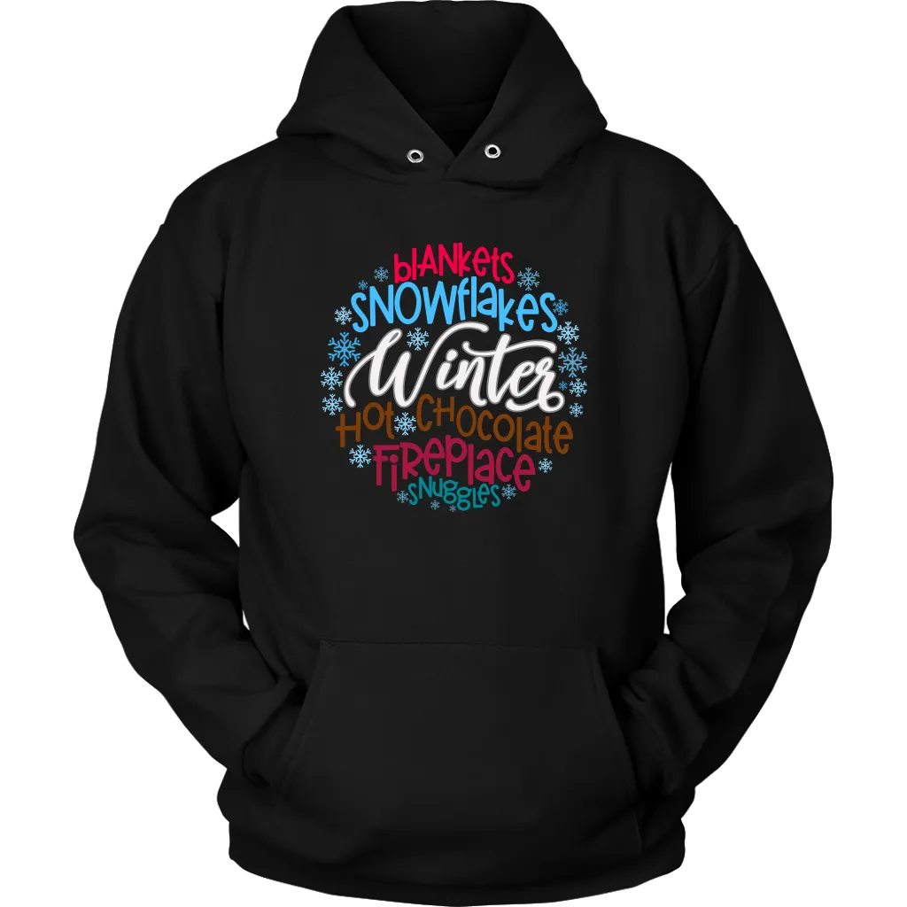 WINTER; Blankets, Snowflakes. Hot Chocolate, Fireplace, Snuggles Unisex HOODIE