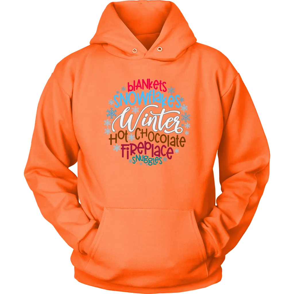 WINTER; Blankets, Snowflakes. Hot Chocolate, Fireplace, Snuggles Unisex HOODIE