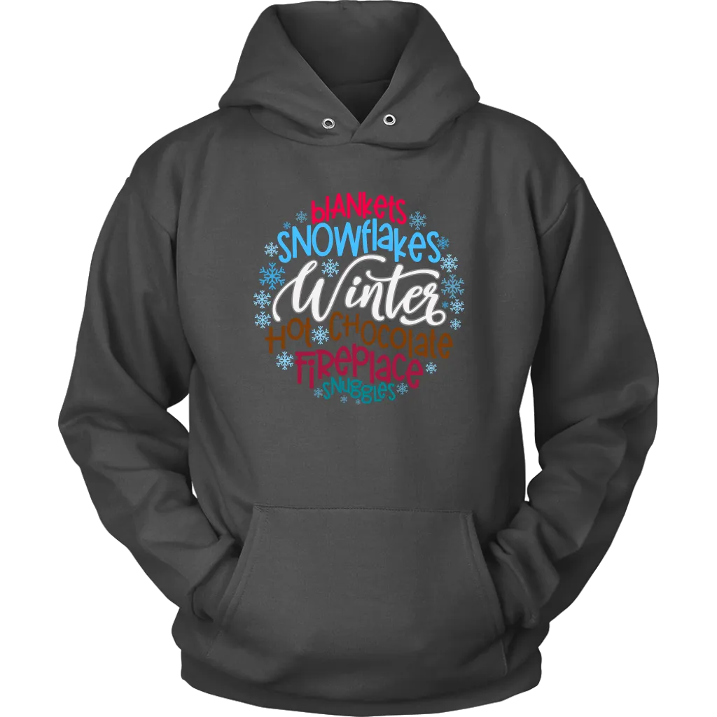 WINTER; Blankets, Snowflakes. Hot Chocolate, Fireplace, Snuggles Unisex HOODIE