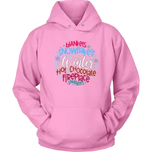 WINTER; Blankets, Snowflakes. Hot Chocolate, Fireplace, Snuggles Unisex HOODIE