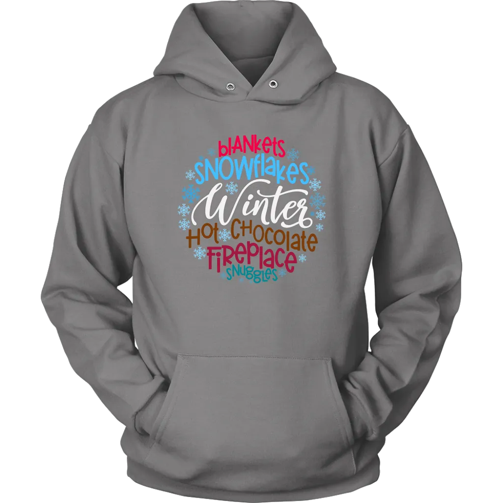 WINTER; Blankets, Snowflakes. Hot Chocolate, Fireplace, Snuggles Unisex HOODIE
