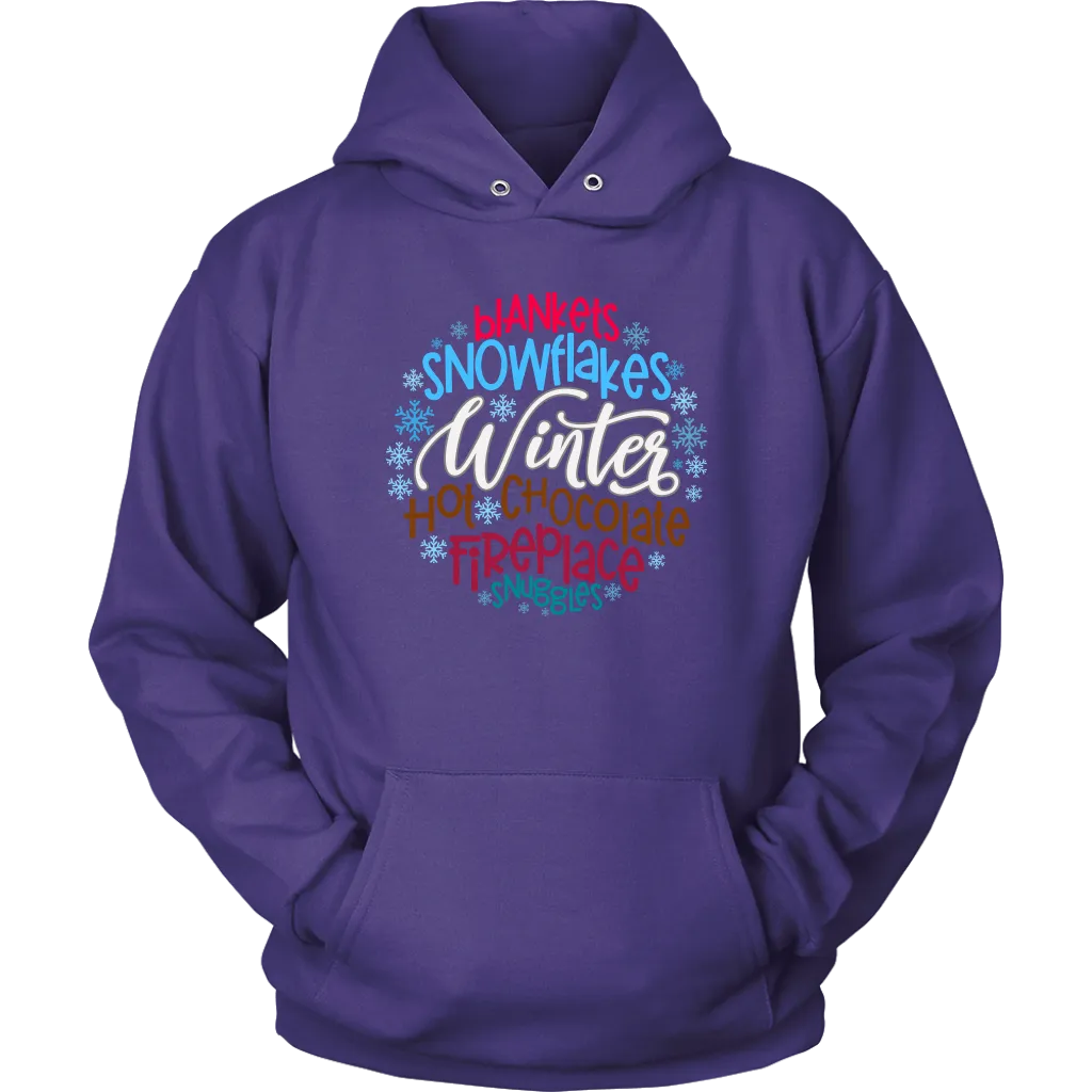 WINTER; Blankets, Snowflakes. Hot Chocolate, Fireplace, Snuggles Unisex HOODIE