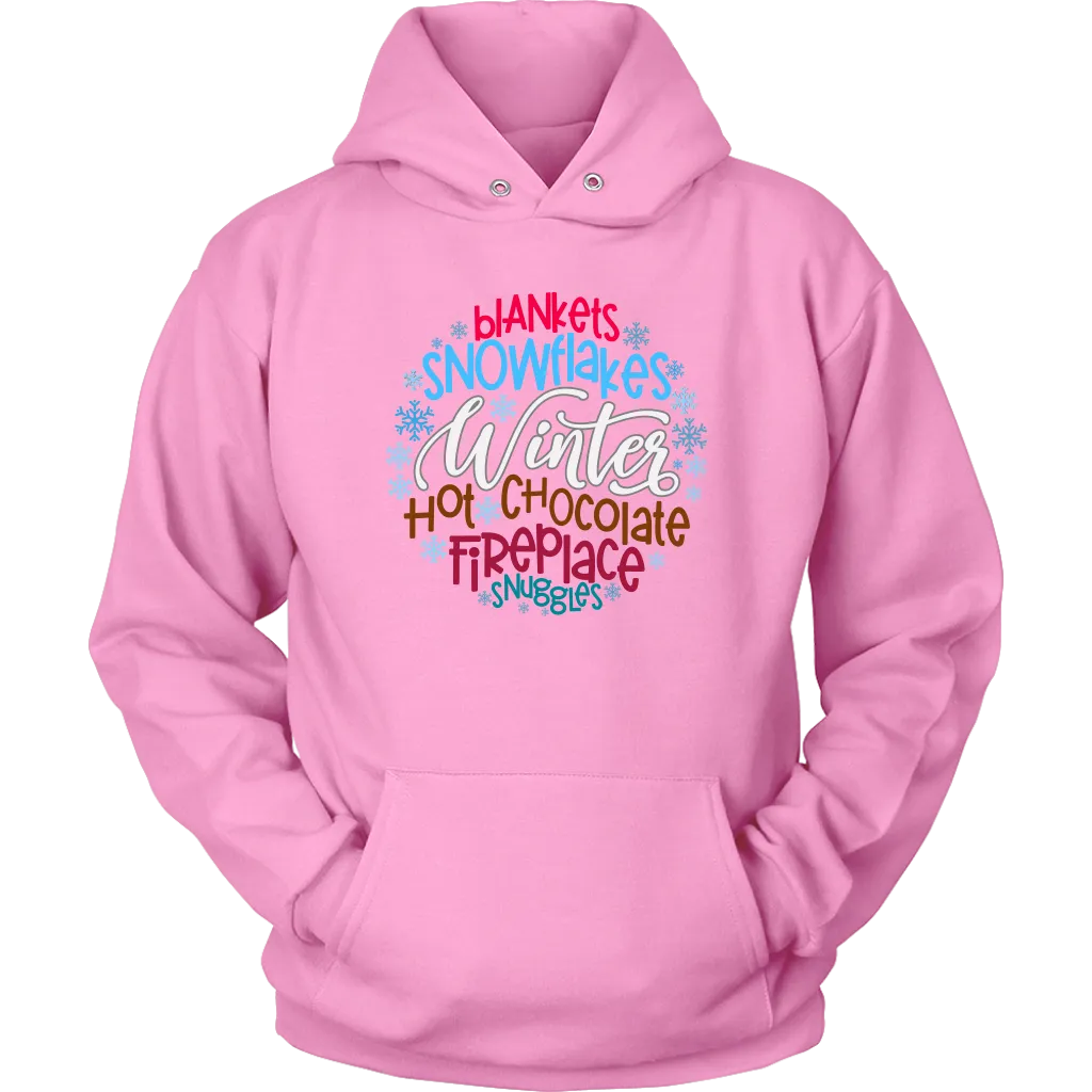 WINTER; Blankets, Snowflakes. Hot Chocolate, Fireplace, Snuggles Unisex HOODIE