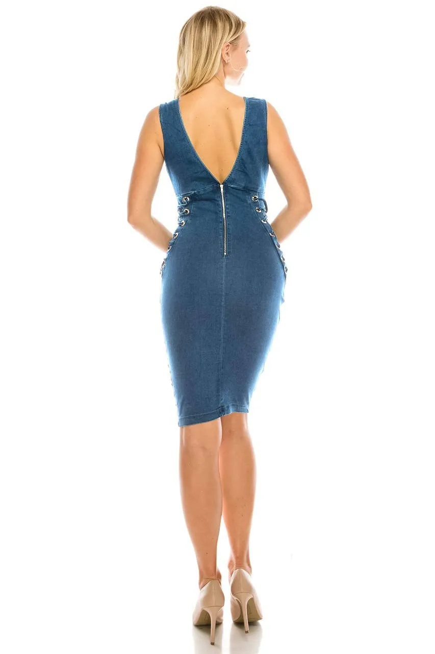 Women's Deep V Neck Sexy Lace up Zipper Bodycon Denim Knee Length Dress