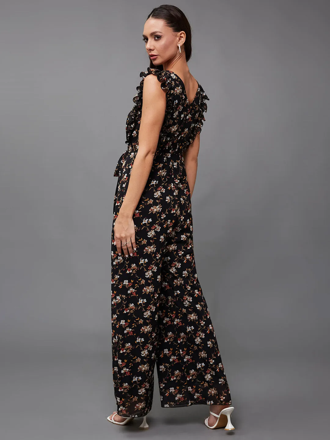 Women's Multicolored-Base-Black Round neck Sleeveless Floral Wide Leg Regular Jumpsuit
