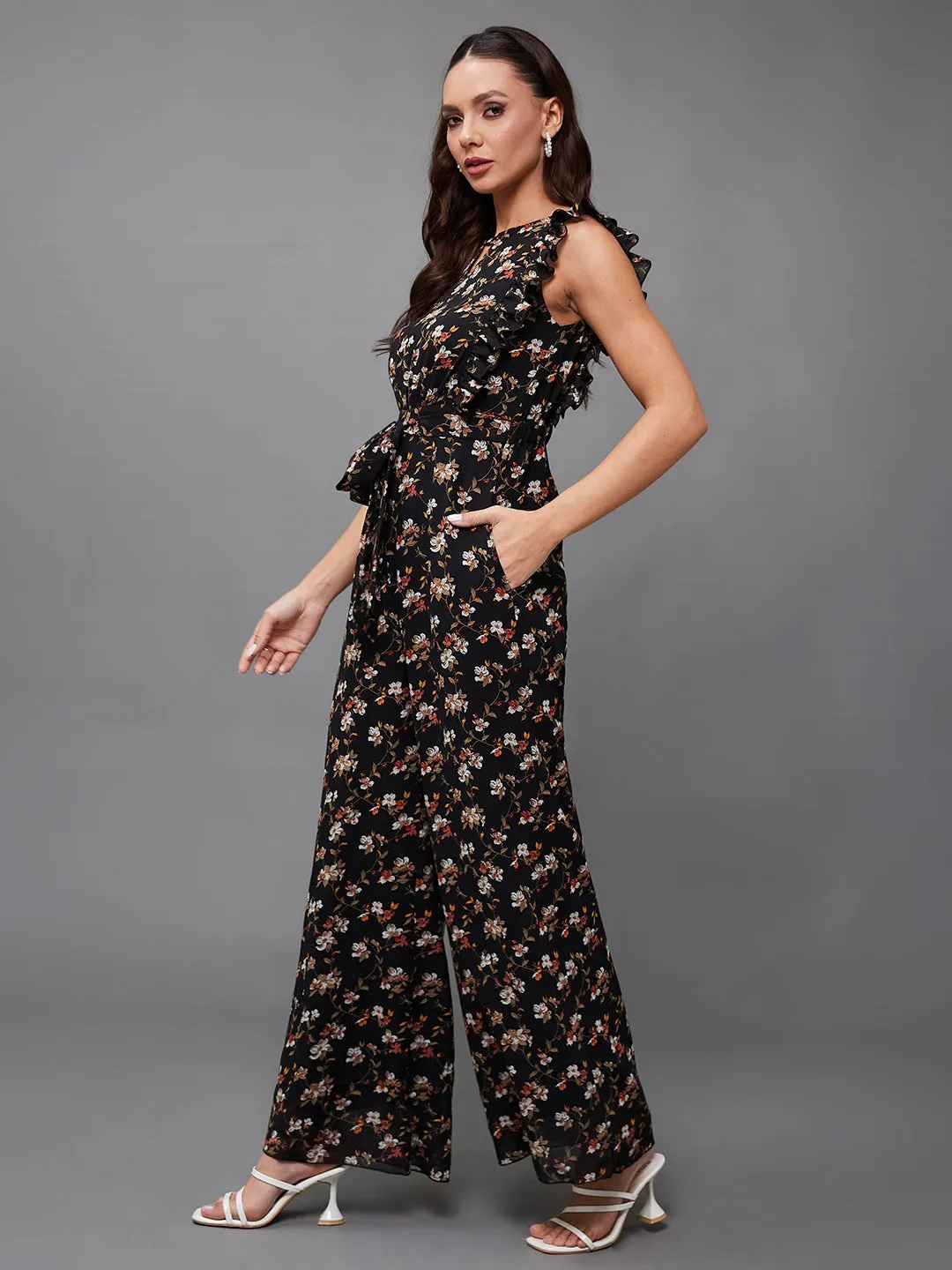 Women's Multicolored-Base-Black Round neck Sleeveless Floral Wide Leg Regular Jumpsuit