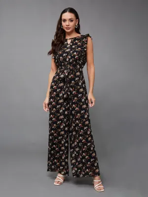 Women's Multicolored-Base-Black Round neck Sleeveless Floral Wide Leg Regular Jumpsuit
