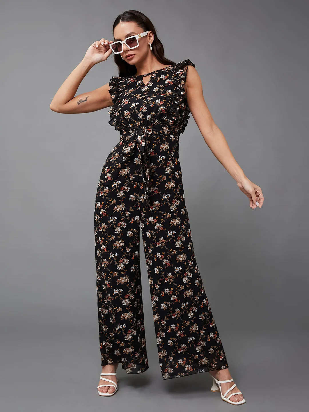 Women's Multicolored-Base-Black Round neck Sleeveless Floral Wide Leg Regular Jumpsuit